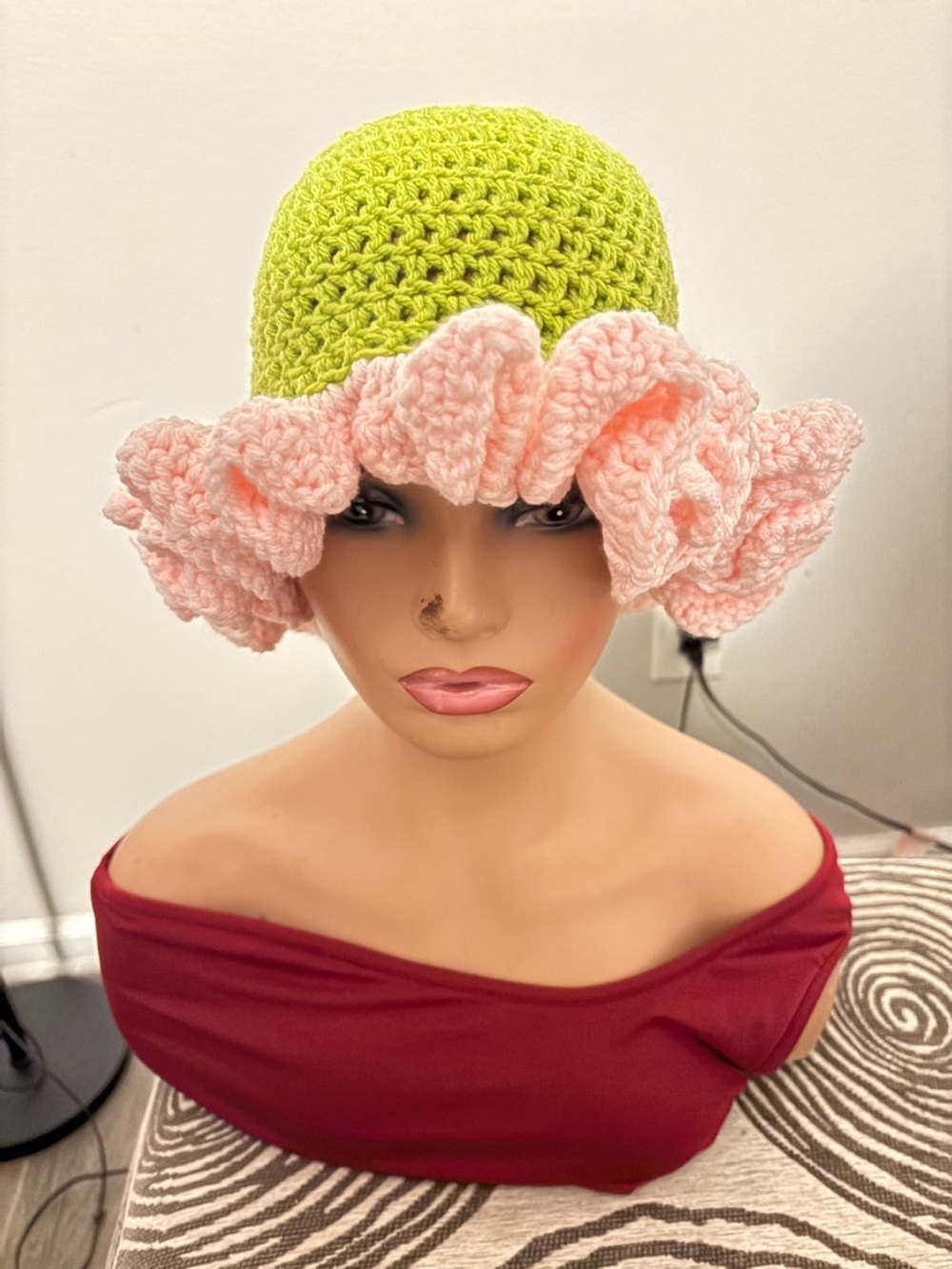 Handmade Crochet Sun Hat - Lime Green with Pink Ruffle
